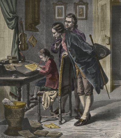 Wolfgang Amadeus Mozart schrijft een concerto in aanwezigheid van zijn vader, Leopold, illustratie uit 