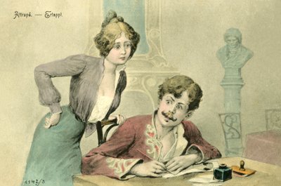 Vrouw betrapt een man die een brief schrijft door French School