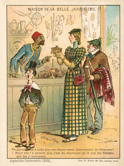 Vrouw die Egyptische voorwerpen onderzoekt, Exposition Universelle 1889, Parijs door French School