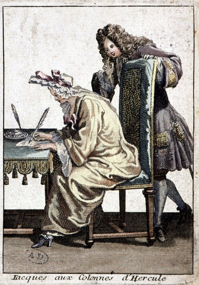 Vrouw in een hemd en slaapmuts die een brief schrijft met een man, n.d. ca. 1715 door French School
