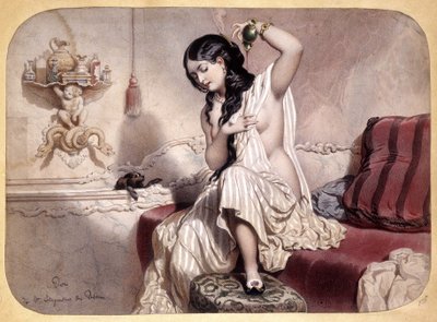 Vrouw die zich parfumeert na het bad - lithografie, ca. 1860 door French School