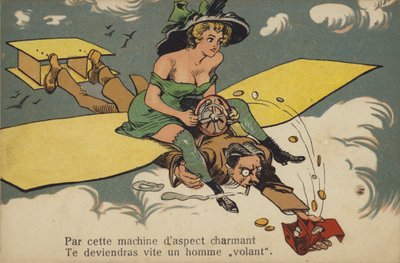 Vrouw met half ontbloot borstbeeld rijdt op een man/vliegtuig (kleurenlitho) door French School