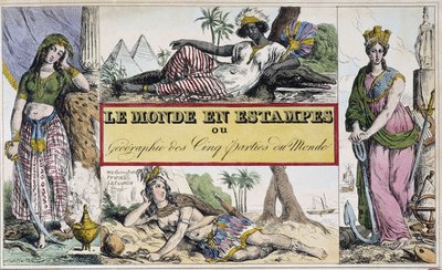 Vrouwen die 4 continenten vertegenwoordigen: Afrika, Europa, Amerika en Azië - Frontispice van "Le Monde en prints ou Geography des cinq parts du monde" door de Chevalier de Roujoux door French School