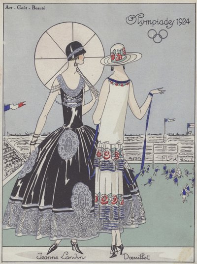 Damesmode op de Olympische Spelen van 1924 door ontwerpers Jeanne Lanvin en Georges Doeuillet (kleurenlitho) door French School