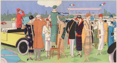 Damesmode tijdens de races van ontwerpers Jeanne Lanvin, Jean Patou, Premet, Georges Doeuillet (kleurenlitho) door French School