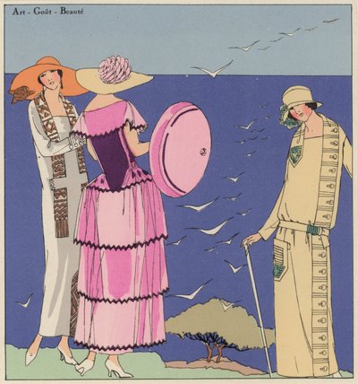 Damesmode uit de jaren 1920 van ontwerpers Paul Poiret en Jacques Doucet (kleurenlitho) door French School