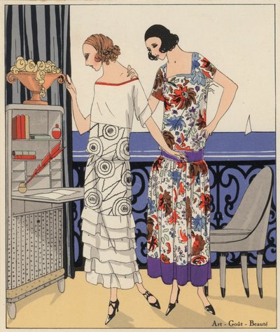 Damesmode uit de jaren 1920 van de ontwerpers Philippe en Gaston en Martial en Armand. (kleurenlitho) door French School