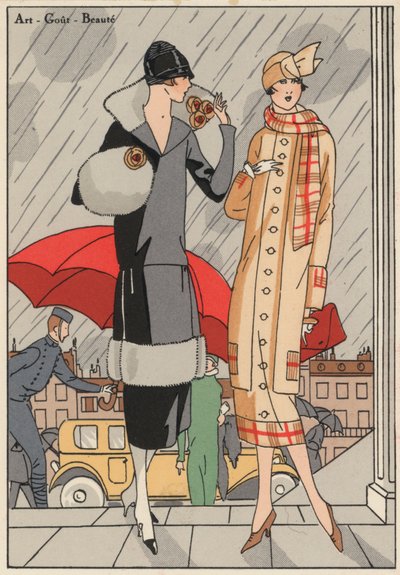 Damesmode uit de jaren 1920 van ontwerpers Premet en Gustave Beer. (kleurenlitho) door French School