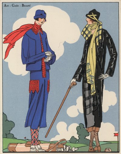 Golfkleding voor dames uit de jaren 1920 van de ontwerpers Martial en Armand en Christoph Drecoll. (kleurenlitho) door French School