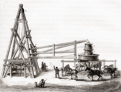 Arbeiders die de carrousel en lier gebruiken om de artesische putten in Grenelle, Frankrijk in de 19e eeuw te boren, uit 