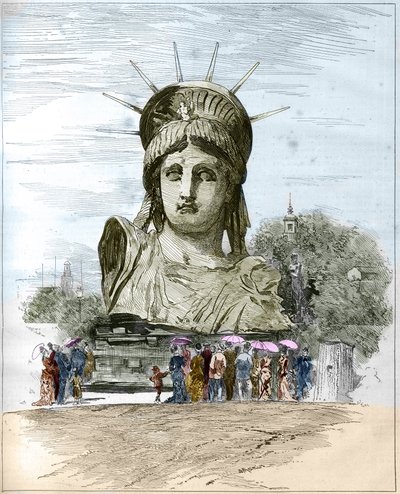 Wereldtentoonstelling 1878 in Parijs: het hoofd van het Vrijheidsbeeld door Frederic Auguste Bartholdi (1834-1904). Gravure door Edgard Morin in 