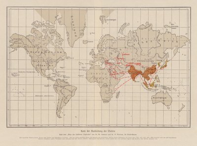 Wereldkaart die de verspreiding van cholera toont door French School