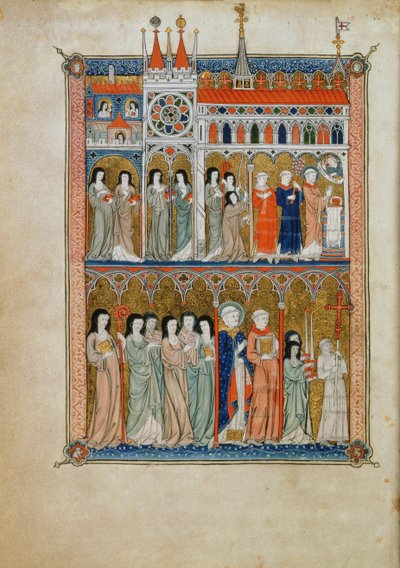 Mis bijgewoond door ambtenaren met een processie hieronder, ca. 1300 door French School