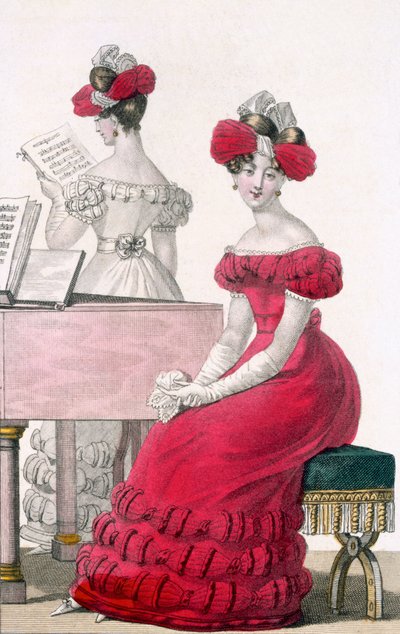 Jonge vrouw in een crêpe avondjurk met een uitgebreide hoofdtooi, advertentie in Modes de Paris, c.1825 door French School