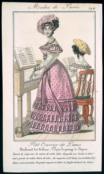 Jonge vrouw in een roze organdie jurk afgezet met zwart en een crêpe baret met satijnen linten, advertentie uit Modes de Paris, c.1825 door French School