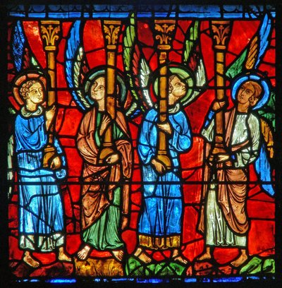Engelen ondersteunen de troon van de Maagd Maria door French School