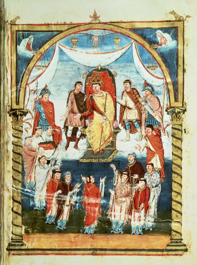 ds Lat 1 fol.423r Koning Karel II ontvangt een Bijbel van Graaf Vivian en de Monniken van Saint-Martin de Tours, uit de Eerste Bijbel van Karel de Kale, ca. 843-51 door French School