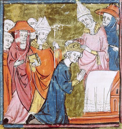 f.106r De kroning van keizer Karel de Grote (742-814) door paus Leo III (ca. 750-816) in St. Pieter, Rome in 800, Grandes Chroniques de France, 1375-79 door French School