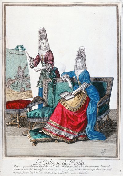 Dame toont een afbeelding van de Kolossus van Rhodos door French School