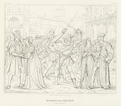 Romeo en Julia, Act I, Scene 1 door Friedrich August Moritz Retzsch