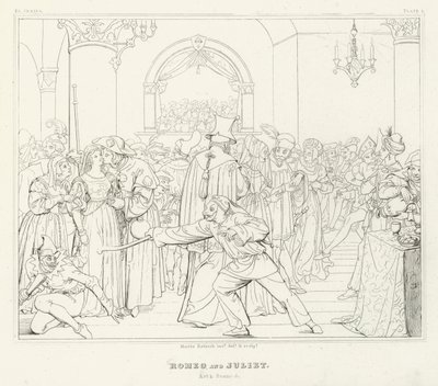 Romeo en Julia, Act I, Scene 5 door Friedrich August Moritz Retzsch