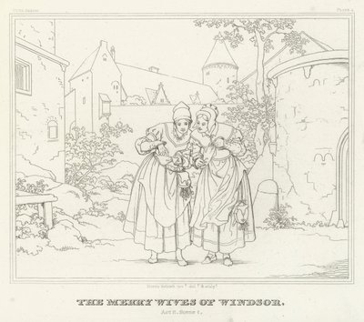 De Vrolijke Vrouwen van Windsor, Act II, Scene 1 (gravure) door Friedrich August Moritz Retzsch