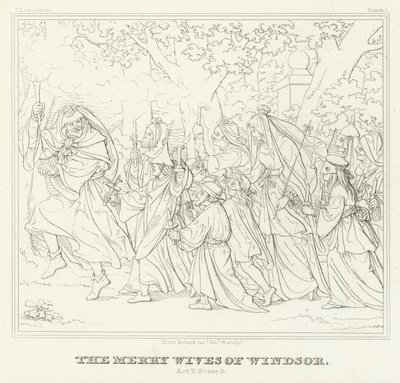 De Vrolijke Vrouwtjes van Windsor, Act V, Scene 3 (gravure) door Friedrich August Moritz Retzsch