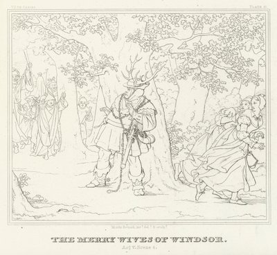 De Vrolijke Vrouwtjes van Windsor, Act V, Scene 4 (gravure) door Friedrich August Moritz Retzsch