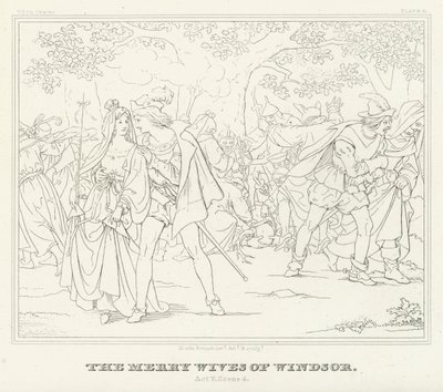 De Vrolijke Vrouwen van Windsor, Act V, Scene 4 (gravure) door Friedrich August Moritz Retzsch