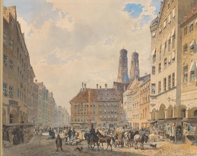 Marienplatz in München met de Frauenkirche op de achtergrond door Friedrich Eibner
