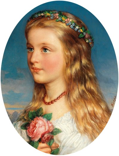 Friedrich Krepp Portret van een meisje met een krans van bloemen en rozen door Friedrich Krepp