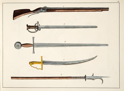 Wapens inclusief zwaarden en speren, ca. 1400, plaat uit A History of the Development and Customs of Chivalry, door Dr. Franz Kottenkamp, uitgegeven door Carl Hoffmann, 1842 door Friedrich Martin von Reibisch