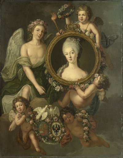 Portret van Wilhelmina van Pruisen in een medaillon met verwijzingen naar haar huwelijk met Prins Willem V op 4 oktober 1767 in Berlijn (Frederika Sophia Wilhelmina) door Friedrich Reclam