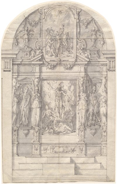 Een uitgebreid altaar met de opstanding van Christus en het martelaarschap van Sint-Andreus door Friedrich Sustris