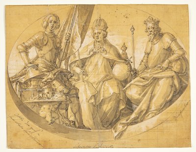 Ontwerp voor een ovaal plafondschilderij(?) voorstellende de koningen Otto de Grote (912-973), Lodewijk de Rijke (1417-1479) en Ruprecht (1352-1410) door Friedrich Sustris