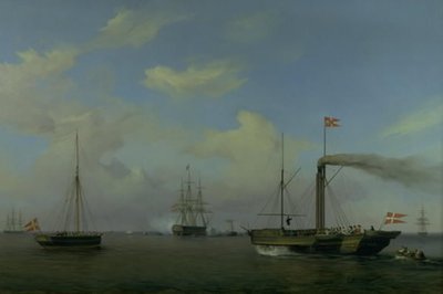 De Deense eskader voor anker bij Warnemünde. Hun koninklijke hoogheden de kroonprins en kroonprinses arriveren per stoomschip 