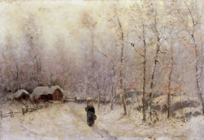 Vrouw met kind in winterlandschap door Frithjof Smith Hald