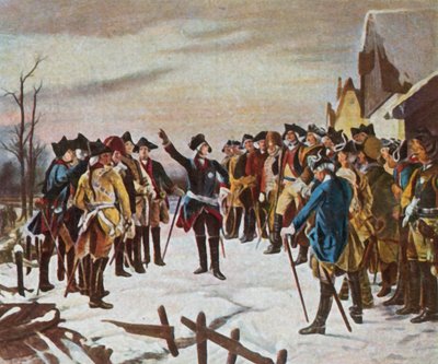 Toespraak van Frederik de Grote tot zijn generaals op de avond voor de Slag bij Leuthen, 5 december 1757 (kleurenlitho) door Fritz Roeber