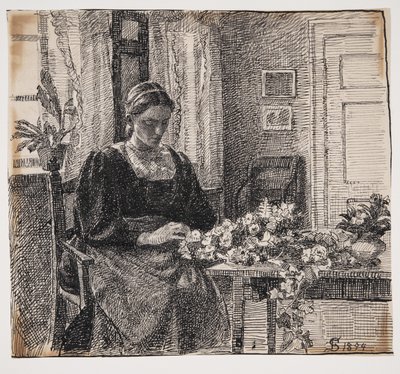 Mijn vrouw (mevrouw Anna Syberg) bindt een krans door Fritz Syberg