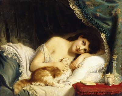 Een Liggende Schoonheid met haar Kat door Fritz Zuber Buhler