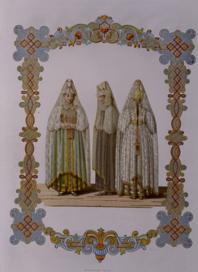 Kostuums van meisjes uit Torzhok uit de serie Kleding van de Russische staat, 1851 door Fyodor Grigoryevich Solntsev