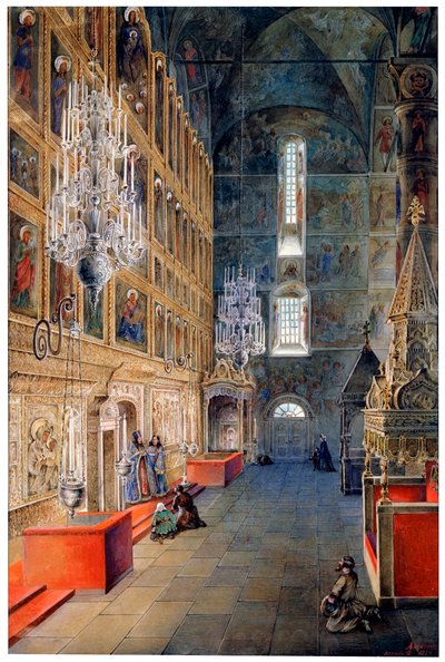 Interieur in de Maria-Hemelvaartkathedraal in het Kremlin van Moskou door Fyodor Yakovlevich Alexeev