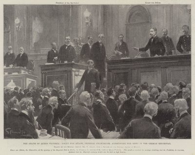De dood van koningin Victoria, graaf von Bulow, keizerlijk kanselier die het nieuws aankondigt in de Duitse Rijksdag door G.S. Amato