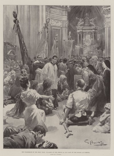 De pelgrimage van het Heilige Jaar, pelgrims bij het heiligdom van Onze-Lieve-Vrouw van de Rozenkrans in Pompeii door G.S. Amato
