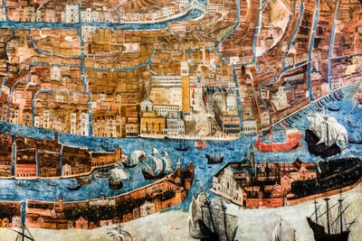 Gezicht in vogelvlucht op de stad Venetië door G. Barzenti