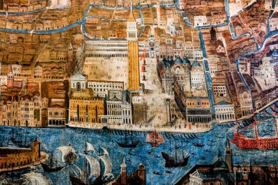 Gezicht in vogelvlucht op de stad Venetië door G. Barzenti