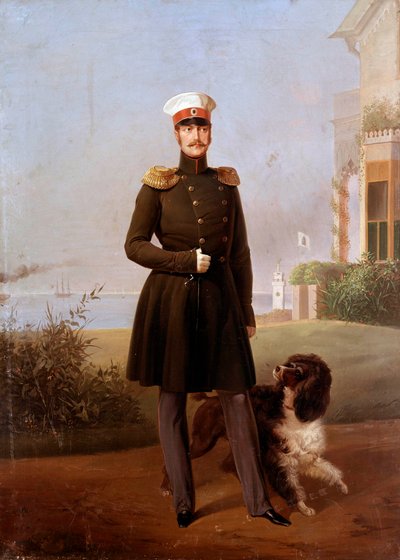 Portret van de Russische tsaar Nicolaas I (1796-1855) in Peterhof Schilderij door Georg Botmann (19e eeuw). 19e eeuw. Sint-Petersburg. Kasteel van Peterhof door G. Botmann