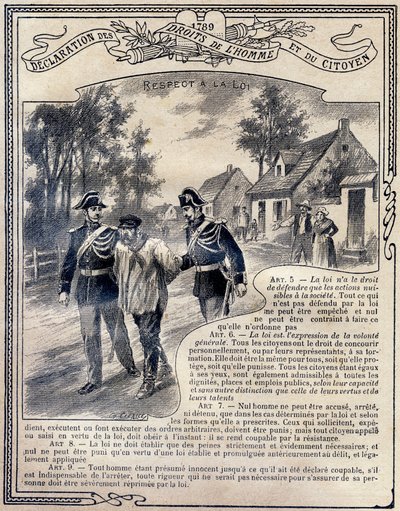 1789: Verklaring van de rechten van de mens en de burger: Respect voor de wet. Gravure in 