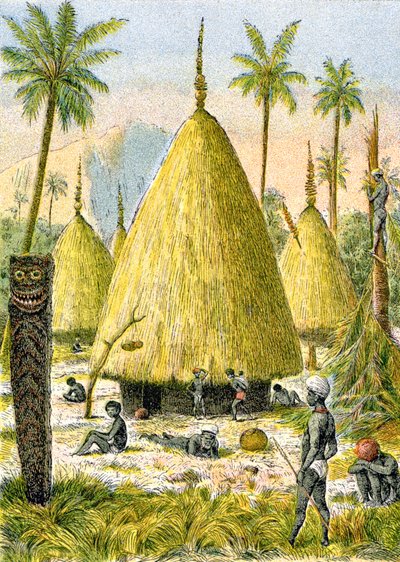 Canaque dorp in Nieuw-Caledonië, c.1900-1910 (illustratie) door G. Dascher