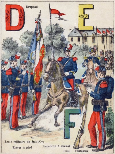 Letters D E F: Vlag, Militaire School van Saint-Cyr (Saint Cyr), Leerlingen te voet, Paardensquadron, Geweer en Infanterist, ca. 1900 (lithografie) door G. Dascher
